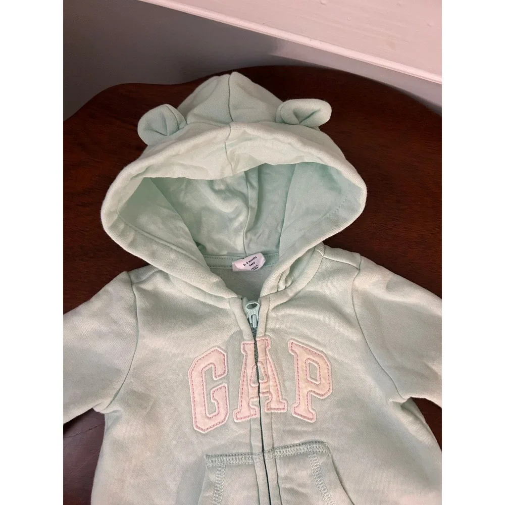 Gap Baby Mint Green Bear Ear Hooded Fleece Romper Zip Up 0-3 Months